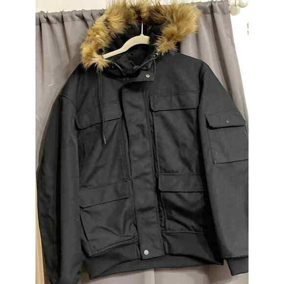 L.O.G.O / H& M WO size large Black hooded faux fur quilted coat multi pockets - Picture 1 of 14